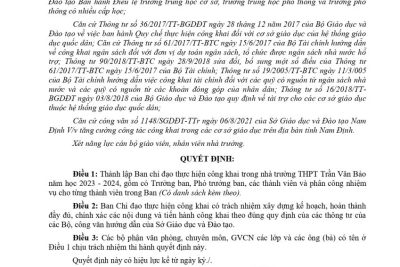 Quyết định số 42b/QĐ-THPTTVB ngày 14/10/2023 V/v V/v thành lập Ban chỉ đạo thực hiện Quy chế Công khai trong nhà trường năm học 2023 – 2024