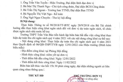Quyết định số: 06/QĐ-THPTTVB ngày 12/01/2022 V/v công bố công khai thực hiện dự toán thu chi NS quý 4 năm 2021 của trường THPT Trần Văn Bảo