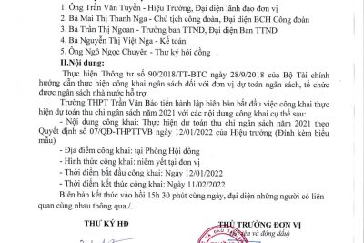 Quyết định số: 07/QĐ-THPTTVB ngày 12/01/2022 V/v công bố công khai thực hiện dự toán thu chi NS năm 2021 của trường THPT Trần Văn Bảo