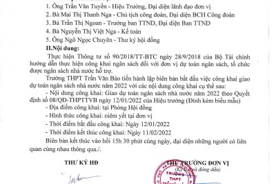 Quyết định số: 08/QĐ-THPTTVB ngày 12/01/2022 V/v công bố công khai dự toán NSNN năm 2022 của trường THPT Trần Văn Bảo