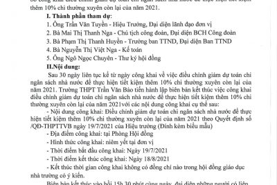 Công khai điều chỉnh giảm dự toán chi NSNN để thực hiện tiết kiệm thêm 10% chi thường xuyên còn lại của năm 2021 của trường THPT Trần Văn Bảo