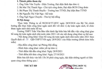 Công khai bổ sung dự toán ngân sách nhà nước năm 2021 của trường THPT Trần Văn Bảo