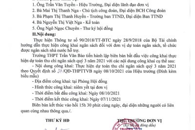 Công khai thực hiện dự toán thu chi ngân sách quý 3 năm 2021 của trường THPT Trần Văn Bảo