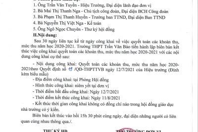 QĐ số: 19/QĐ-THPTTVB V/v công bố công khai quyết toán các khoản thu, mức thu năm học 2020-2021 của trường THPT Trần Văn Bảo