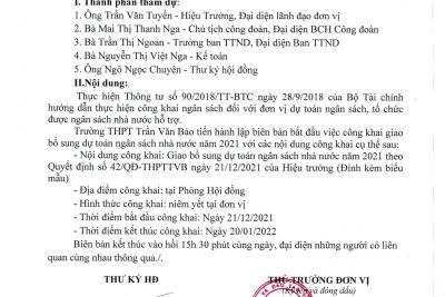 Quyết định số: 42/QĐ-THPTTVB ngày 21/12/2021 V/v công bố công khai bổ sung dự toán NSNN năm 2021 của trường THPT Trần Văn Bảo