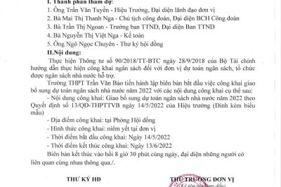Quyết định sô: 13/QĐ-THPTTVB ngày 14/5/2022 V/v công bố công khai bổ sung dự toán NSNN năm 2022 của trường THPT Trần Văn Bảo