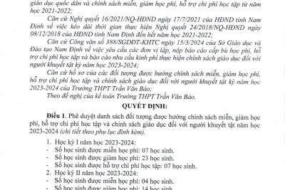 Quyết định Phê duyệt danh sách đối tượng được hưởng chính sách miễn, giảm học phí, hỗ trợ chi phí học tập và chính sách giáo dục đối với người khuyết tật năm học 2023 – 2024