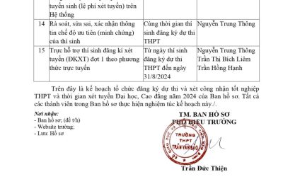 Kế hoạch tổ chức đăng ký dự thi và xét công nhận tốt nghiệp THPT Và thời gian xét tuyển Đại học, Cao đẳng năm 2024 của trường THPT Trần Văn Bảo