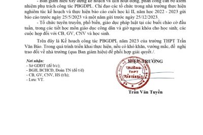 Kế hoạch công tác phổ biến, giáo dục pháp luật năm 2023 của trường THPT Trần Văn Bảo