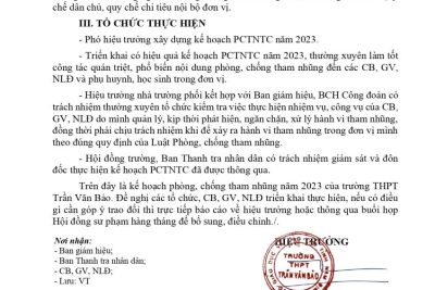 KẾ HOẠCH CÔNG TÁC PHÒNG, CHỐNG THAM NHŨNG NĂM 2023 CỦA TRƯỜNG THPT TRẦN VĂN BẢO
