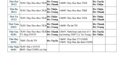 LỊCH CÔNG TÁC (Tuần 19 từ ngày 12/01/2026 đến ngày 18/01/2026)