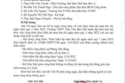 QĐ: 12/QĐ-THPTTVB ngày 12/4/2022 của trường THPT Trần Văn Bảo V/v công bố công khai thực hiện dự toán thu-chi ngân sách quý I năm 2022