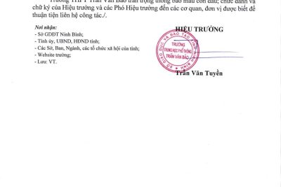Thông báo V/v giới thiệu mẫu con dấu, chức danh và chữ ký của Hiệu trưởng, các Phó Hiệu trưởng của trường THPT Trần Văn Bảo